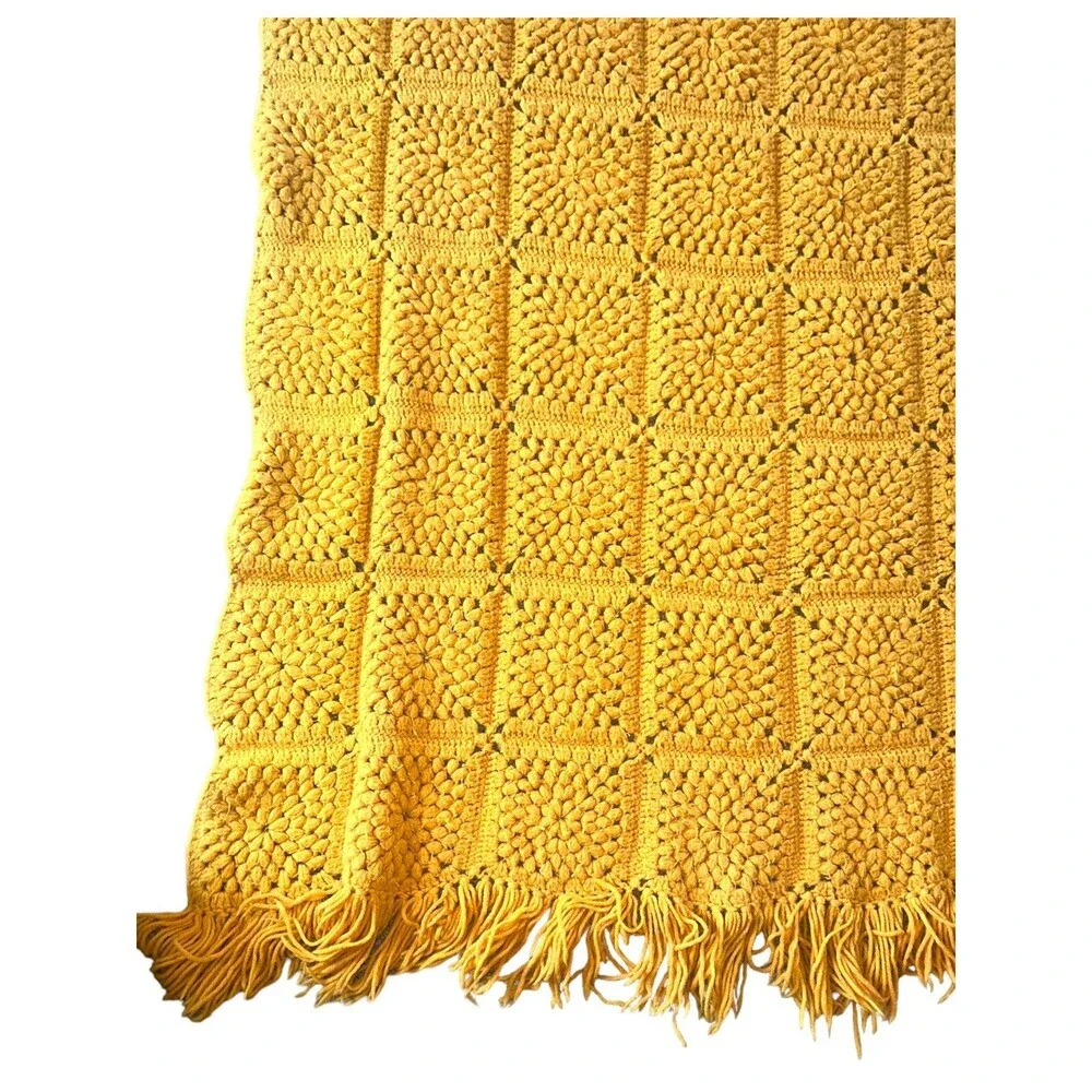 Handmade Yellow Crochet Afghan Blanket Vintage 70s Boho Cottagecore Throw Large